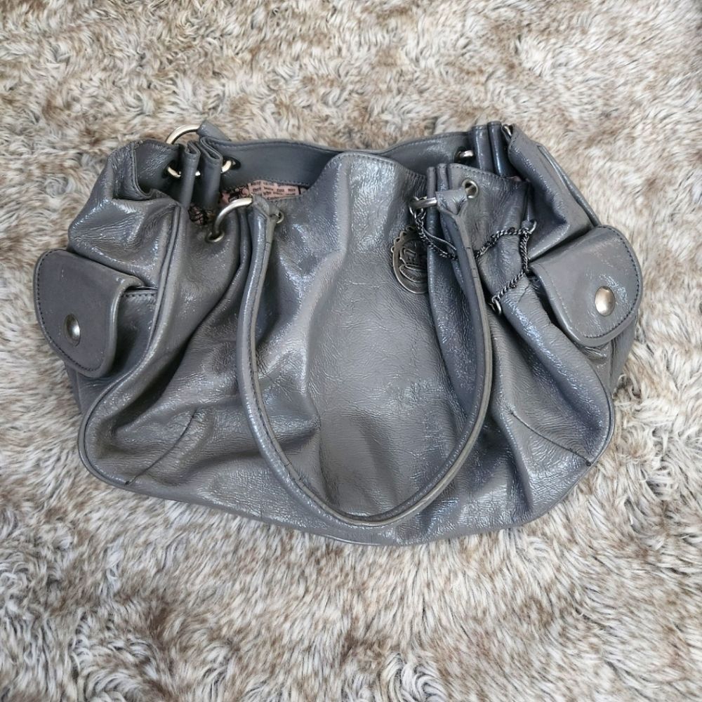 Juicy Couture Vintage Y2K Gray Patent Leather Shoulder Satchel Bag Chain Detail